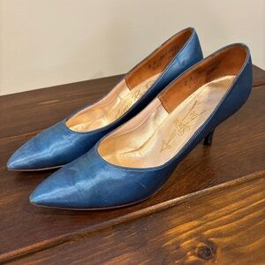 Vintage 50s 60s Blue Satin Cameo Room High Heel Shoes 8S